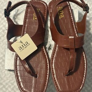 Brown T-Strap Sandals with Textured Footbed